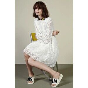 MSGM Size 10 44 Lace Off White Boho Long Sleeve Dress Cotton Blend Made In Italy